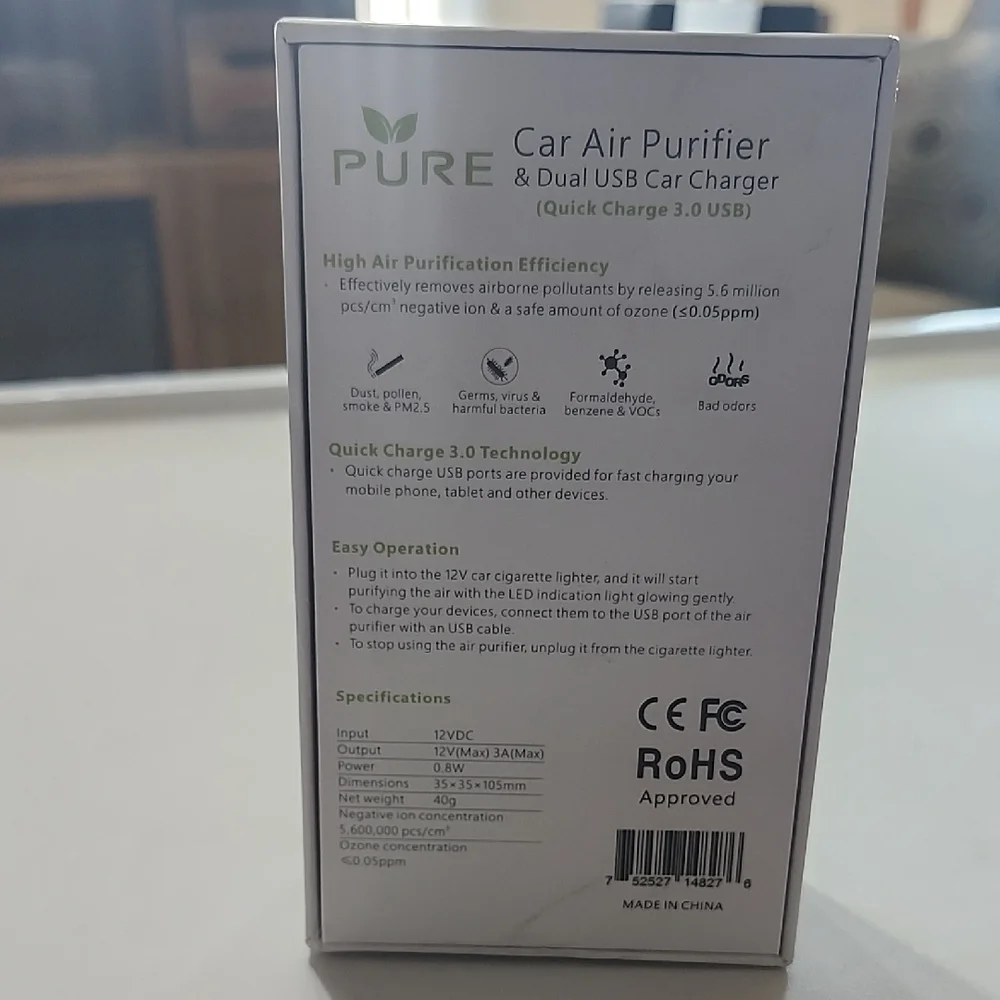 Pure Black Car Air Purifier and Dual USB Charger Quick Charge 3.0 USB
